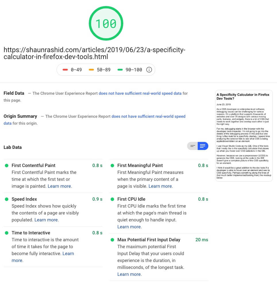 Screenshot of results from PageSpeed Insights from February 2020 for a blog article on shaunrashid.com